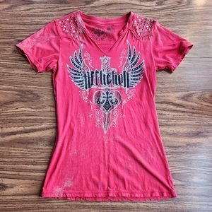 Y2K Affliction Live Fast Distressed Studded V-Neck Winged Rhinestone Graphic Tee